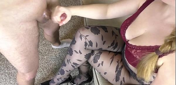 Teen Big Tits in Black Pantyhose - Handjob, cum feet
